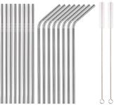 HOMQUEN 18 Piece Silver Stainless Steel Straws, 8.5 '' Reusable Drinking Straws,with Portable Pouch (8 Straight/8 Bent/2 Brushes)