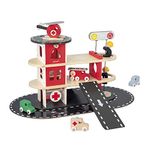 Janod - Bolid Wooden Fire Station - 5 Vehicles Included - Imagination and Fine Motor Skills - FSC Certified - Water-Based Paint - From 2 Years, J04639