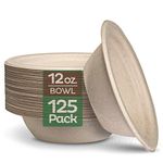 100% Compostable 12 oz. Paper Bowls [125-Pack] Heavy-Duty Quality Natural Disposable Bagasse, Eco-Friendly Biodegradable Made of Sugar Cane Fibers