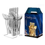 Shineyoo 24 Pieces Service Cutlery Set with Stand for 6 People Stainless Steel Knife Fork Spoon Hanging Flatware Set,Reusable Easy Clean & Dishwasher Safe