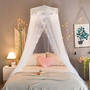 Jeteventy Bed Canopy for Girls, Princess Bed Curtain Net for Single to King Size,Bedroom Decoration of Round Lace Dome with Stainless Steel Hook,Quick Easy Installation (White)