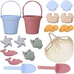 Hungdao 16 Pcs Silicone Beach Toys and 1 Mesh Beach Bag Set Collapsible Sand Toys Travel Sand Box Toys Blue Red Sand Bucket Shovel and 3D Marine Theme Molds for Summer Outdoor Beach Pool Toys