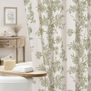 Craidlela Sage Linen Farmhouse Shower Curtain, Vintage Boho Floral 72x84