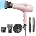 Dekuri Professional Ionic Hair Dryer, AC Motor Fast Drying Salon Blow Dryer with Diffuser, Comb, Concentrator, Nozzle for Curly and Straight Hair, Cool Button, 2 Speed & 3 Heat Setting, Pink