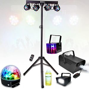 Party Light & Sound - Pack Lumière Pied Support 4 Projecteurs Par - Strobo - Derby - Astro - Machine à fumée avec produit - PA DJ Mobile - Soirée Mariage