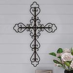 Lavish Home Handmade Short Flat White Mango Wood Vase Metal Cross Fleur De Lis Design-Rustic Handcrafted Religious Wall Art for Decor in Living Room, Bedroom