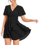 PCEAIIH Women's Cocktail Dresses Short Sleeve Empire Skater Dress Deep V-Neck Waist Tie Ruffle Mini Swing Dresses L Black