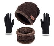 HUNTSMANS ERA Winter Knit Beanie Cap Hat Neck Warmer Scarf and Woolen Gloves Set Skull Cap for Men Women/winter cap for men (3 Piece) (BROWN1)