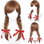 Long Brown Braided Wig With Ribbon Bow, Women Girls Doll Cosplay Wigs Heat Synthetic Fiber Hair + Hairnet for Halloween Horror Costume Party