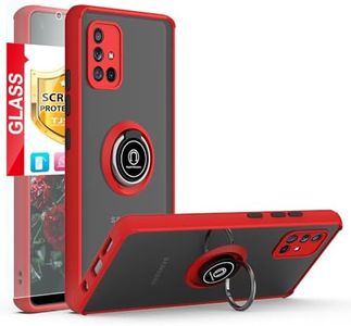 TJS Compatible with Samsung Galaxy A71 5G Case, with Tempered Glass Screen Protector, Metal Ring Magnetic Support Kickstand Heavy Duty Drop Protector Phone Case (Red)