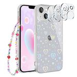 Newseego Compatible with iPhone 14 Case, Clear Laser Glitter Heart Pattern Phone Case Girls Women + 3*Camera Lens Protector + Lucky Chain [5 in 1] Cute Bling Protective Bumper Cover for iPhone 14