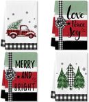 Christmas Kitchen Towels Black White Buffalo Plaid Xmas Trees Christmas Dish Towels 18x26 Inch Red Green Stripe Tea Towel Truck Winter Holiday Christmas Hand Towels for Kitchen Bathroom Cooking Baking