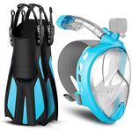 Odoland Snorkel Set for Man and Women, 180° Panoramic View Full Face Snorkeling Mask with Camera Mount and Swim Fins, Dry Top Breathing Anti-Leak Anti-Fog Diving Mask for Adult Blue S