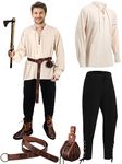 Panitay 4 Pcs Halloween Men's Renaissance Costume Set Medieval Pirate Shirt Gothic Pants Leather Belt Retro Coin Pouch(XX-Large,Black, Khaki, Brown)