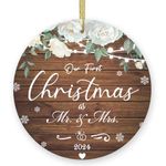 Wedding Gifts for Couples 2024, First Christmas Married Ornaments 2024 3" Ceramic Mr and Mrs Gifts Bride Shower Wedding Gifts Christmas Wedding Ornaments