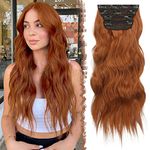 FESHFEN Clip in Hair Extensions 4PCS Copper Red Thick Highlight Hairpieces Long Wavy Clip in Hair Piece Full Head Synthetic Fiber Hair Extensions for Women, 20 Inches 180g