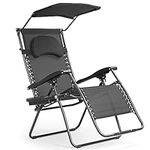 COSTWAY Folding Zero Gravity Chair, Oversized Patio Recliner Sun Lounger with Adjustable Canopy, Removable Pillow and Side Tray, Portable Outdoor Chaise Lounge for Garden Deck Poolside Beach (Black)