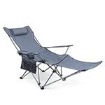 Outplea Reclining Camping Chair with Detachable Foot Rest, Folding Lounge Chair for Adults, Portable Camping Chair Recliner for Travel Beach Patio, Grey