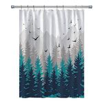 RV Shower Curtains Forest Mountain Happy Camper, Fabric RV Bathroom Curtain Sets with Hooks 47WX64H Inches