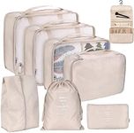 8 Set Travel Packing Cubes, YOLOK Luggage Organizers with Hanging Toiletry Bag, Multi-Functional Clothing Sorting Packages,Travel Packing Pouches (Beige)