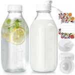 Milk Bottle with 2 Dispenser Cap, 100% Airtight Screw Lid. 2 Pack 32 Oz Reusable Glass Bottles with 3 Lids! Milk Container for Breast Milk, Juice, Almond Cow, Cold Brew, Yogurt, Smoothie, Honey