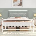 Yaheetech 4ft6 Double Bed Frame Metal Platform Bed with Petal Accented Headboard/Ample Underbed Storage/Solid Slatted Bed Base/No Box Spring Needed White Double Bed