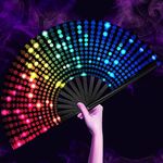 OMyTea UV Glow Rave Fan Foldable for Women/Men/Drag Queen - Large Clack Festival Folding Hand Fan - for EDM, Music Festival, Event, Party, Dance, Performance (Disco Lights)