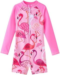 UMELOK Girls Rash Guard Swimsuits Long Sleeve One Piece Swimwear with UPF 50+ Sun Protection Zipper Bathing Suits Rose Red,Flamingo,4T