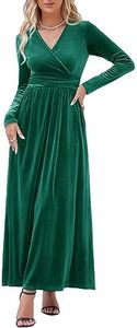 OUGES Womens Long Sleeve Wrap V Neck Velvet Dress Christmas Holiday Dresses for Women Wedding Guest Maxi Dress(Velvet Green,XL)