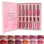 12Pcs Velvet Matte Liquid Lipstick Set, Waterproof Long Lasting Quick-drying Non-Stick Cup Not Fade Lip Gloss Set,Shimmer Nude Book Style Lip Makeup Gift Kit (B)