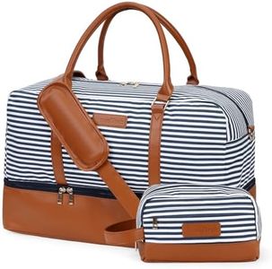 TravelTrek Weekender Bag for Women Travel with Shoe Compartment and Makeup/Toiletry Bag, 36L Large Canvas Travel Duffel Bag for Ladies, Blue Stripe Carry-on Tote Bag with Luggage Sleeve