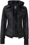 Black Biker Leather Bomber Jackets Womens - Real Lambskin Hooded Leather Jackets For Women | [1309195] Black Betty, XL