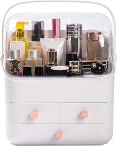 Haturi Makeup Organizer Box, Cosmetics Storage Display Holder with Drawers, Portable Handle, Fully Open Waterproof Dustproof Lid, Great for Bathroom, Dresser, Countertop