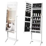 YITAHOME 2 in 1 Jewelry Cabinet with Full Length Mirror, Standing Large Capacity Jewelry Armoire Organizer with 2 Drawers, 3 Angel Adjustable, White