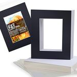 Acid Free 25 Pack 8x10 Pre-Cut Mat Board Show Kit for 5x7 Photos, Prints or Artworks, 25 Core Bevel Cut Matts and 25 Backing Boards and 25 Crystal Plastic Bags, Black