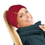 TOSKATOK® Ladies Womens Plain Ponytail Messy Bun Ribbed Winter Beanie Hat Cap Hair Hairband-RED