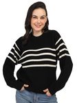 CHKOKKO Wollen Winter Wear Crop Drop Shoulder Round Neck Sweater for Women Black M