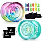 MAGICYOYO Pack of 2 Yoyos - K2 Responsive Yoyo for Kids Beginners Yo Yo with 2 Yoyo Gloves, 2 Yoyo Bags, 12 Yoyo Strings (Crystal Green+Blue Pink Yellow)