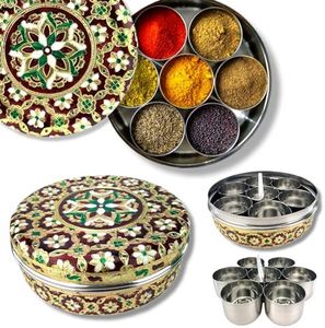 LOVENSPIRE Spice Box, Meenakari Steel Indian, Masala Box, Decorative Kitchen Storage, Spice Storage, Masala Dabba, Indian Spice Container, LNT-ME-L-08445-S