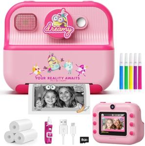 DUDUDRAGON Kids Instant Camera for Minions Fans, Despicable Me Toy with Front & Rear Dual Selfie Lens, 1080P Video, Portable Toddler Camera, Birthday Gift for Boys Girls Ages 3-12, Pink