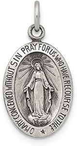 Solid 925 Sterling Silver Vintage Antiqued Virgin Mary Pray for Us Charm Miracle Medal Mary Pendant Charm Medal - 20mm x 10mm - Jewelry Gifts For Women Wife Mom Gifts For Men Husband Dad, Metal