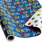 U'COVER Reversible Happy Birthday Wrapping Paper Roll for Kids Boys Girls Birthday Greeting,Polka Dots Design Gift Wrapping Paper for Women Men Baby Shower Holiday 17.7inch×394inch Single Rolls