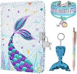 Sequins Notebook Set - Sparkly Mermaid Journals Unique Gift for Girls Travel School Office Notepad Memos A5 Diary Notebooks Pen Bracelet Key-chain with Locks and Keys