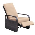 Outdoor Recliner Chair with Hand-Woven Wicker,ATR Garden Reclining Adjustable Position Height Lounge Armchair with Removable 5.12'' Thickness Padded Cushion,Aluminum Frame (Brown Wicker+Khaki Color)