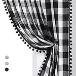 Black Buffalo Check Curtains Pom Pom Rustic Farmhouse Black White Plaid Curtain Panels for Nursery Kids Light Filtering Linen Semi Sheer Window Drapes for Bedroom, Pencil Pleat, 40" x 54" Inch, 1 Pair