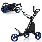 COSTWAY 3 Wheel Golf Push Pull Cart, Lightweight Foldable Golf Trolley with Adjustable Height Handle, Umbrella Stand, Insulation Storage Bag, Cup Holder and Foot Brake (Blue)