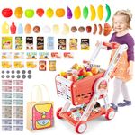 deAO Kids Shopping Cart Trolley Play Set with Pretend Food and Accessories Grocery Shopping Cart Pretend Play and Role-Playing Games (Pink)