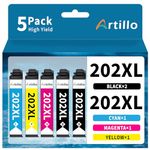 Artillo 202XL Remanufactured Ink Cartridges Replacement for Epson 202 Ink Cartridges 202 XL T202 T202XL for Expression Home XP-5100 XP5100 Workforce WF-2860 WF2860 Printer (2B/C/M/Y, 5 Pack)