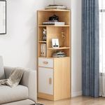 IOTXY Narrow Corner Bookcase with Storage - 59.9" Tall Freestanding Skinny Bookshelf with Door and Drawer, Slim Cabinet for Nook, Oak