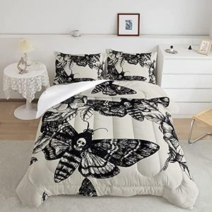 HOSIMA Gothic Decor Comforter Set,Death Moth Skull Heads Pattern Halloween Bed Set Queen Size for Boys Room Decor, Twin Bed in a Bag for Teens with 2 Pillowcases.